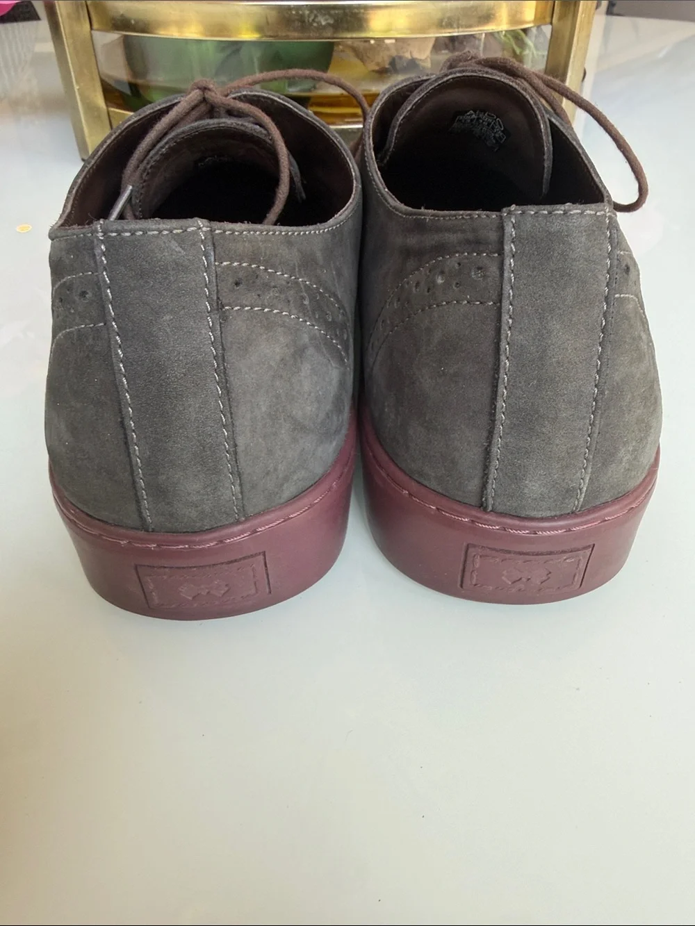 Aldo Gray Suede Wingtip Derbys with Burgundy Rubber Sole